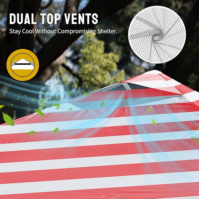 CROWN SHADES 10x10 Pop Up Canopy - Beach Tent with One Push Setup - Easy Outdoor Sun Shade for Events, Parties, Camping - Gazebo with STO-N-Go Cover Bag, Silver Coated Top, Red Strips