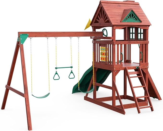 Gorilla Playsets Spring Creek Deluxe Wooden Swing Set with Wood Roof, Two Slides, Swings, and Climbing Wall