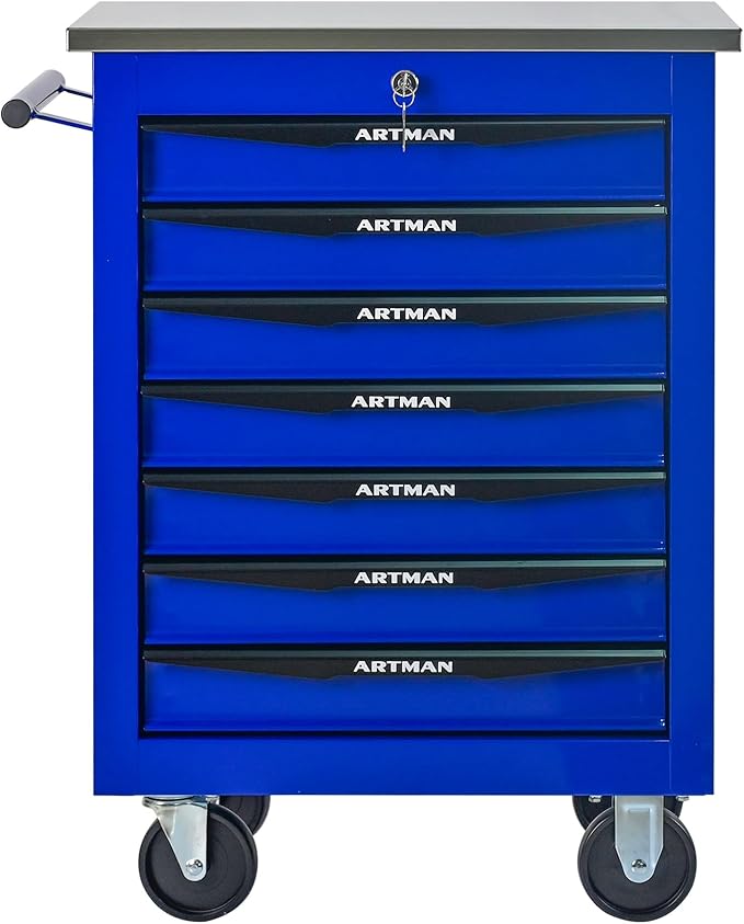 RYH 4/5/6/7 Drawers Rolling Tool Chest -Heavy Duty Mobile Metal Tool Box with Locking Wheels, with Stainless Steel Worktop, Garage Tool Storage Cabinet (Blue, 7-Drawers 30.7 H¡¿22.2 W)