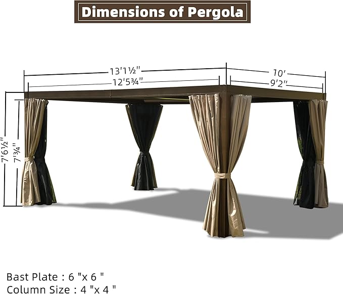 Domi 10x13FT Louvered Pergola, Full Aluminum Pergola with Adjustable Louvered Roof, Outdoor Pergola with Waterproof Curtains and Netting, Dark Brown