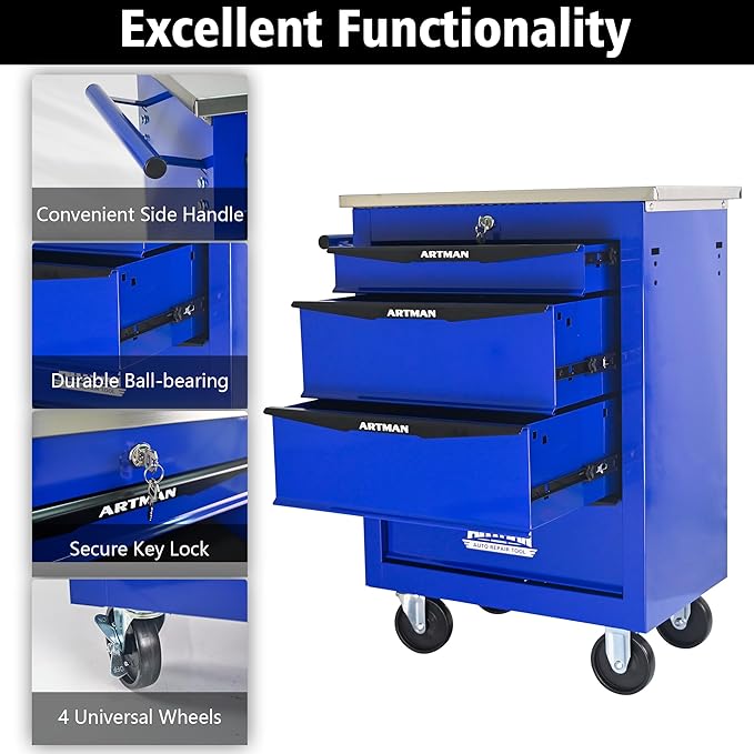 RYH 4/5/6/7 Drawers Rolling Tool Chest -Heavy Duty Mobile Metal Tool Box with Locking Wheels, with Stainless Steel Worktop, Garage Tool Storage Cabinet (Blue, 4-Drawers 30.7 H¡¿22.2 W)