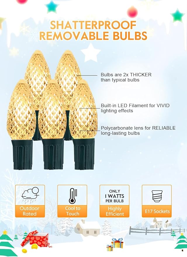 Vintage C9 LED Christmas Lights Outdoor, 50 Feet String Lights with 52pcs Shatterproof C9 Bulbs, Waterproof Connectable Commercial Christmas Tree Lights for Outside Roofline Patio Decor, Warm White