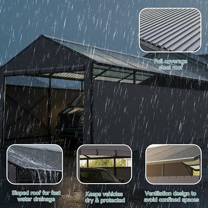 Redlife 11x21 FT Metal Carport, Heavy Duty Steel Frame Garage Shelter with Sloped Metal Roof, 3-Layer 201D Oxford Fabric Sidewalls, UV & Snow Resistant Outdoor Car Canopy for Cars, Trucks & Boats