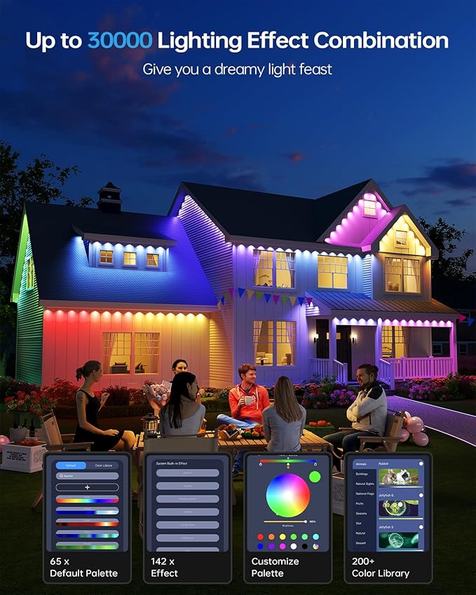 ASAHOM AI Permanent Outdoor Lights S107D, 200FT with 144 RGBCW LED Lights and Dual Output, 30,000 Lighting Effect Combination, IP67 Waterproof for House Halloween Christmas and Daily Decoration, Black