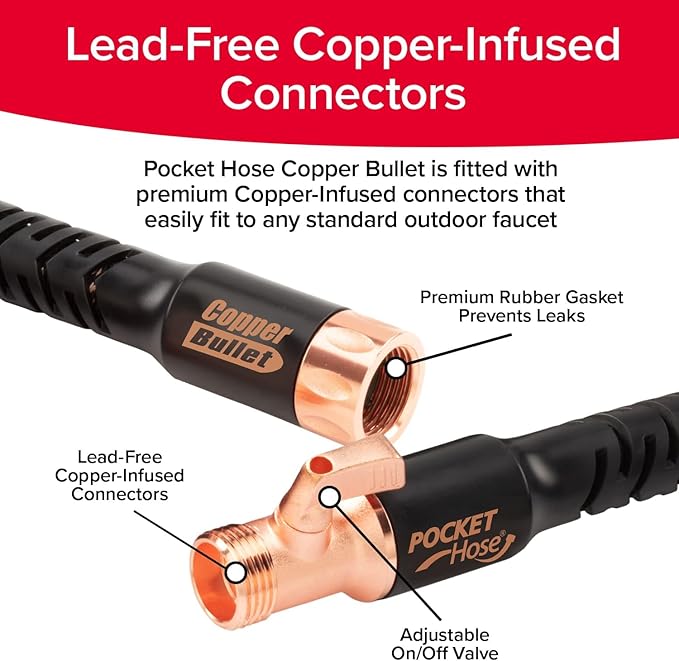 Pocket Hose Copper Bullet Expandable Garden Hose w/10 Pattern Thumb Spray Nozzle AS SEEN ON TV 650psi 3/4 in Patented Lead-Free Ultra-Lightweight Solid Copper Anodized Aluminum (50 Ft)