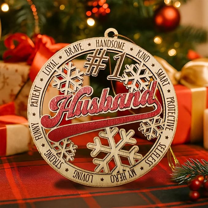 #1 Husband Wooden Christmas Ornament – Rustic Holiday Tree Hanging Decoration, Romantic Xmas Gift for Husband, Anniversary or Stocking Stuffer Keepsake