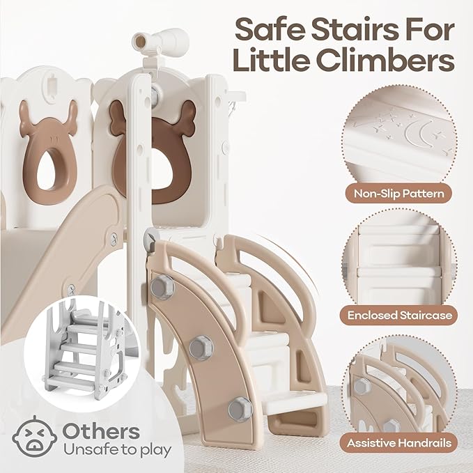 Mloong 7 in 1 Toddler Slide, Kids Slide for Toddlers Baby 1-3 Years Old, Indoor and Outdoor with Basketball Hoop Upgraded Golf for Kids Easy Assembly Elk Design(Beige & Rosy Brown)(28×62×39in)