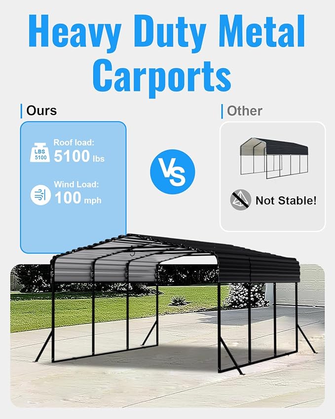 10x15FT Metal Carport, Heavy Duty Carport with Reinforced Frame & Side Support Poles for All-Weather, Outdoor Car Port Suitable for Parking Pickup, Boat, Car, and Tractor