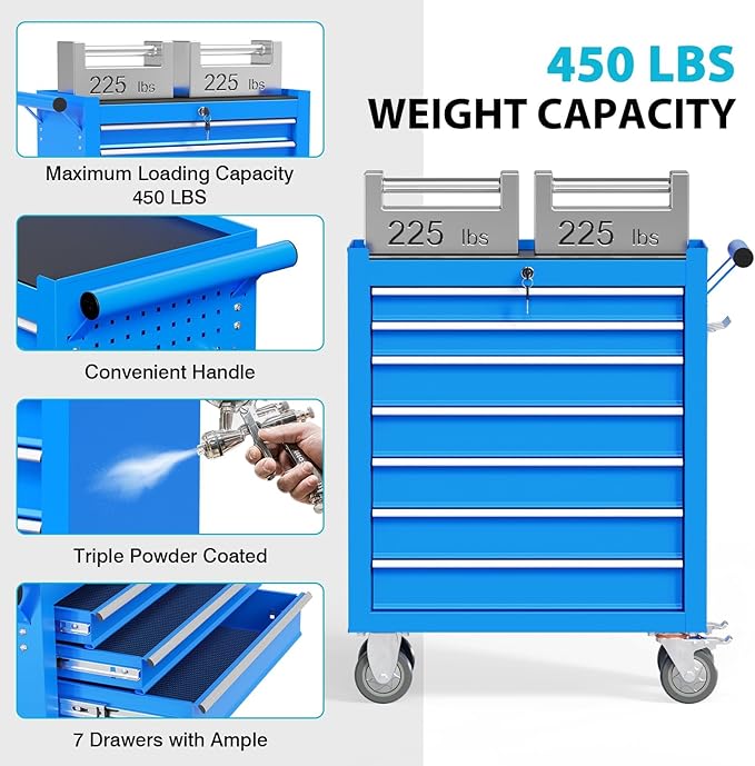 7 Drawers Rolling Tool Box, Portable Storage Tool Chest with Wheels, Toolbox with Lock for Warehouse, Garage, Repair Shop and Tool Room (Blue)
