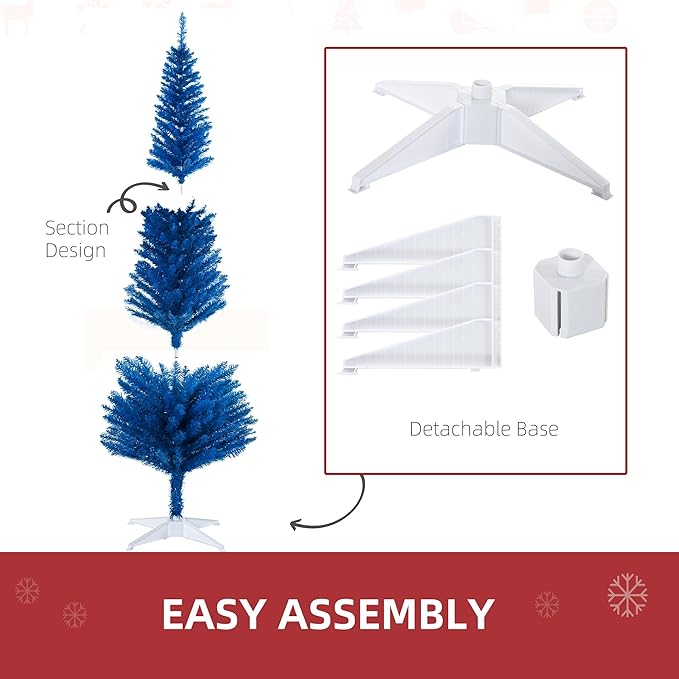 HOMCOM 6' Artificial Pencil Christmas Tree, Slim Xmas Tree with 390 Realistic Branch Tips and Plastic Stand, Blue