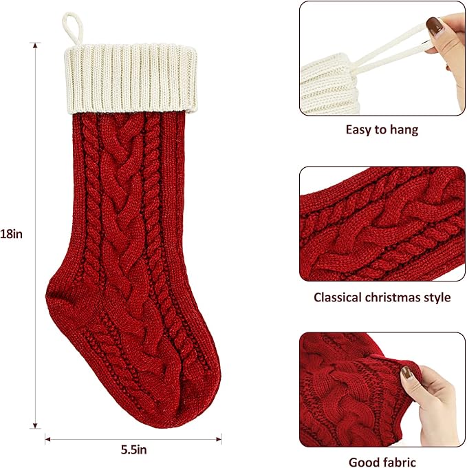 Personalized Christmas Stockings - 18 Inches Large Size Hanging Knitted Stockings for Fireplace, Christmas Tree and Family Holiday Decorations (Ivory/Burgundy, Pack of 2)