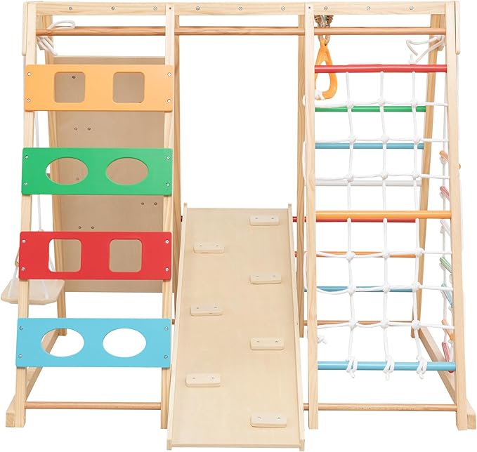 9-in-1 Indoor & Outdoor Wooden Playset for Kids, All-in-One Backyard Playground with Slide, Monkey Bars, Swing, Rock Wall, Climbing Net, Rings & Ladder – Sturdy Adventure Set for Skill Development