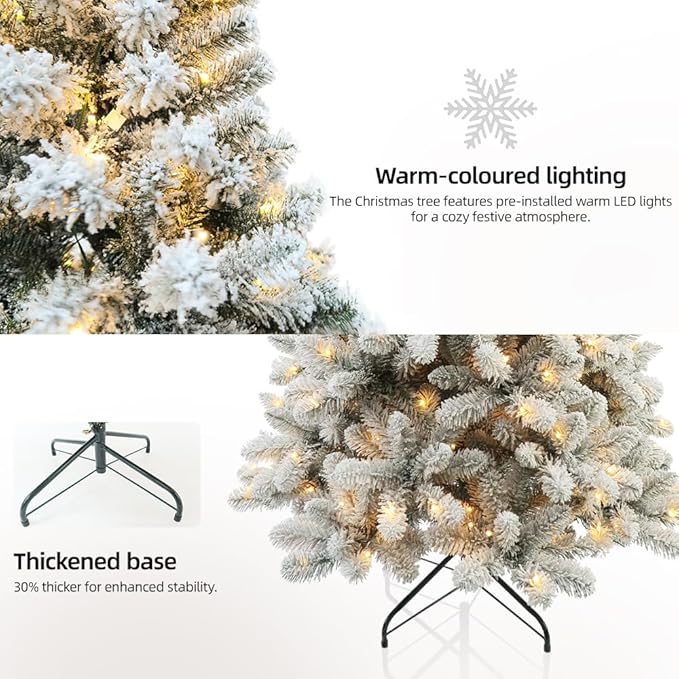 Prelit Christmas Tree With Lights 7.5ft,Premium Snow Flocked Artificial Xmas Tree, With 1364 Branch Tips and 550 Warm Lightsm,Support Automatique,Perfect Choice for Christmas Decorations,White