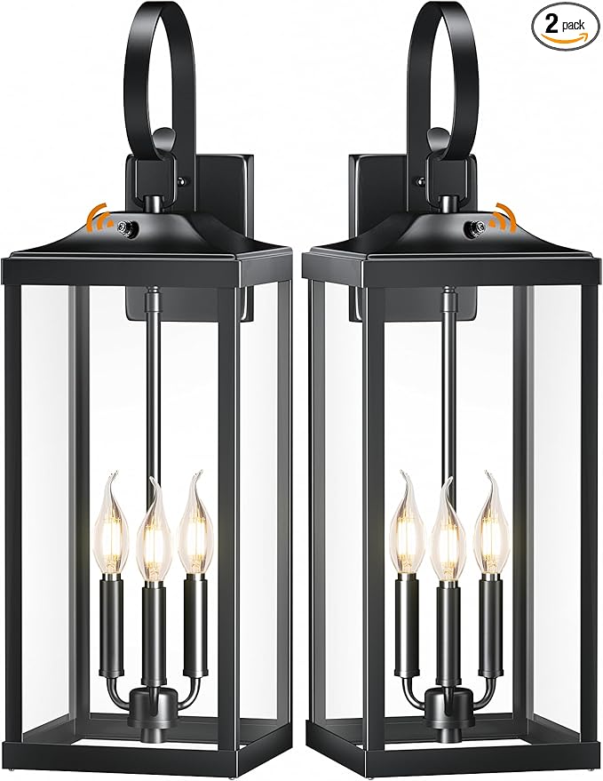 2 Packs 24" Extra Large Dusk to Dawn Light Fixture 3-Light, Black Outdoor Porch Lantern Wall Mounted, Waterproof Modern Outside Wall Sconce Coach Lamp for House, E12
