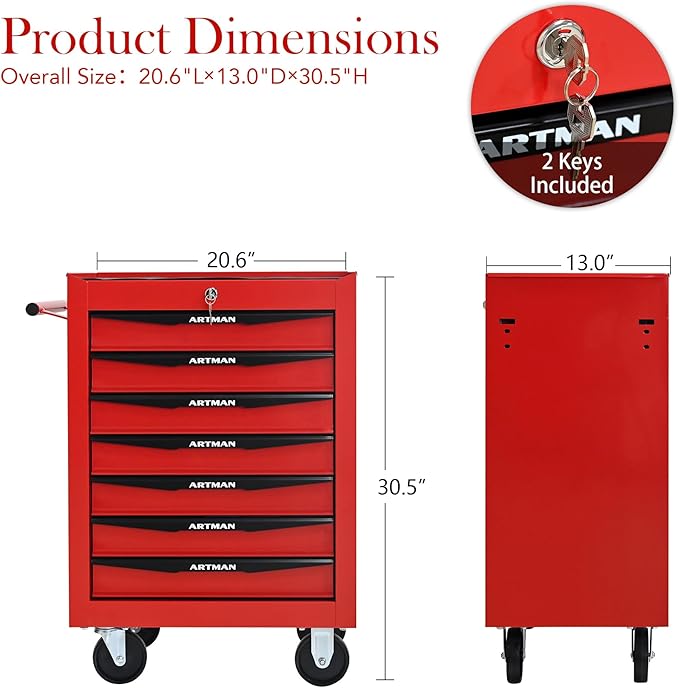 RYH 7 Drawers Rolling Tool Chest - Heavy Duty Mobile Tool Cart with Locking Wheels & Ball Bearing Drawers,30.5 H x 20.9 W x 13 D Garage Tool Storage Cabinet (Red, 7 Drawers)