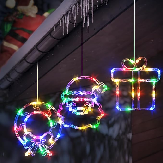 LOLStar Christmas Window Decorations, 3 Pack USB Multicolor Wreath, Gift Box, Santa Claus Xmas Indoor Window Lights, 8 Flashing Modes LED Lights for New Year, Home, Party, Room Decors