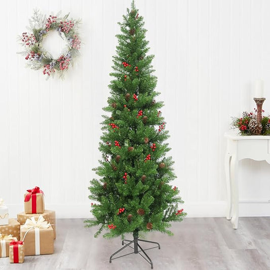 6FT Artificial Slim Christmas Tree, Pencil Christmas Tree UV Resistant Outdoor & Indoor Xmas Decor with Red Berries & Pine Cones for Holiday Décor