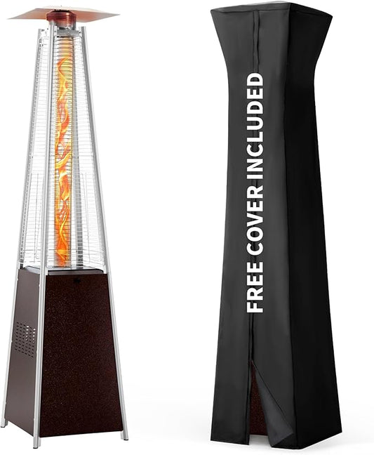 Pamapic Patio Heater, 48,000 BTU Pyramid Flame Outdoor Heater with Cover, Quartz Glass Tube, 87 Hammered Bronze Tower Propane Outdoor Heater with Wheels