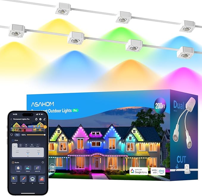 ASAHOM Permanent Outdoor Light Pro S108D, 200FT with 144 RGBCW LEDs, WLED Integration, AI Lighting, 30000 Lighting Effect Combination, IP67 Waterproof for Christmas New Year Daily Decor, White