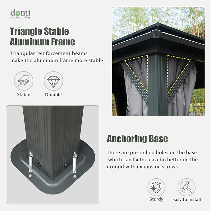 Domi Hardtop Gazebo 12x18FT, Aluminum Metal Gazebo with Galvanized Steel Double Roof Canopy, Curtain and Netting, Permanent Gazebo Pavilion for Patio, Backyard, Deck and Lawn, Grey