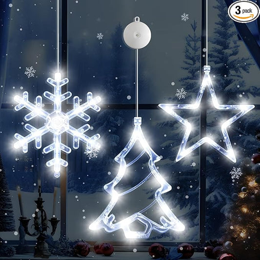 3Pack Christmas Window Lights Decorations with Timer, Battery Powered Hanging White Lighted Snowflake Tree Star Shaped LED Sucker for Xmas Tree Fireplace Indoor Decor