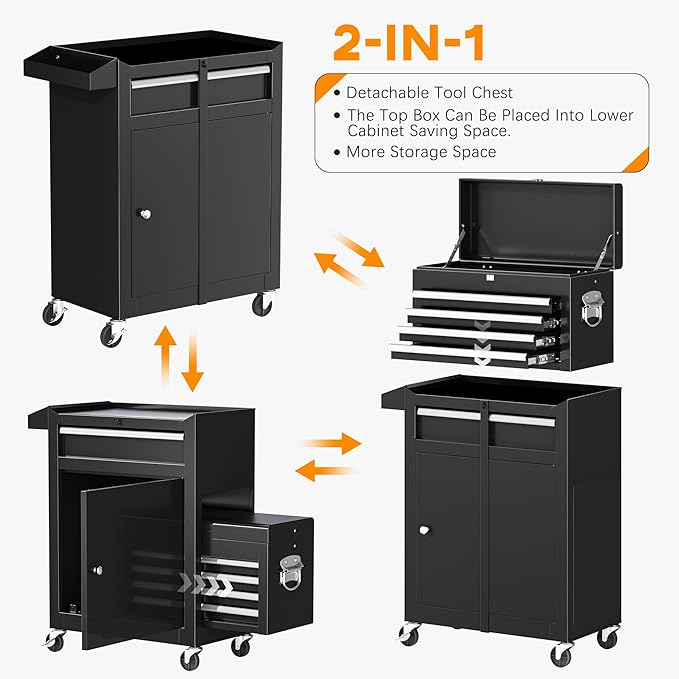 INTERGREAT Rolling Tool Chest, 5-Drawer Tool Box Organizer w/Lockable Wheels & Sliding Drawers & Detachable Top, Tool Storage Cabinet for Garage Workshop (Black)