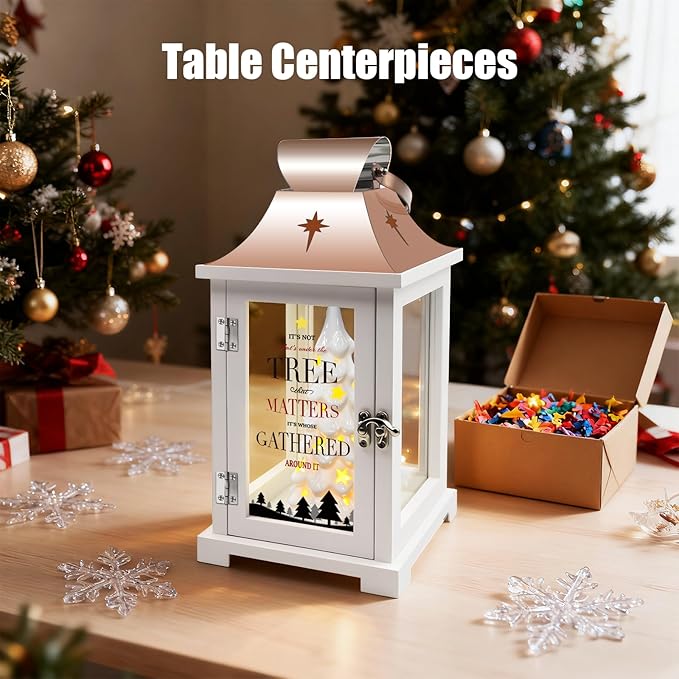 Ceramic Christmas Tree That Light up for Table Centerpieces, 15.1" Tall Lantern Indoor Party Decor, Hanging Candle Lantern for Home, Holidays Tabletop Décor Gift, Xmas Tree Figurine