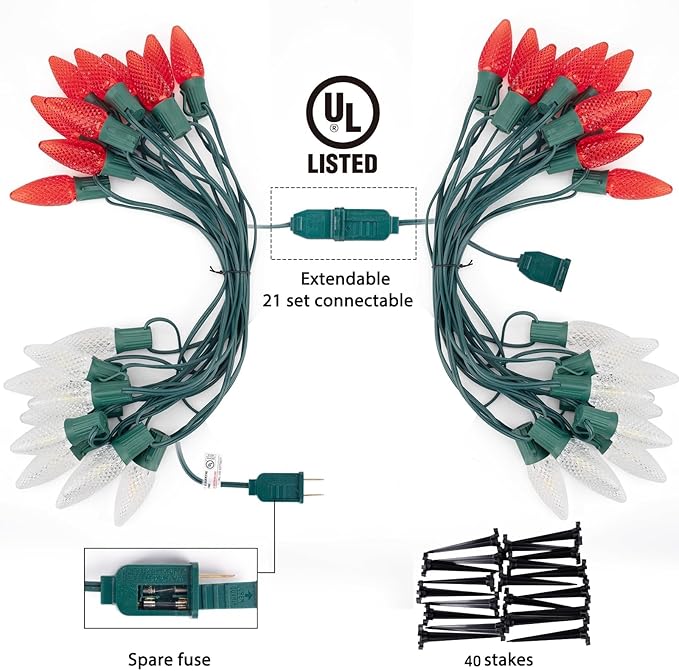 Christmas Pathway Lights Outdoor, 2 Pack 26 Ft 20 LED C9 Strawberry String Lights with Stakes, Connectable Waterproof Outside Christmas Lights Marker for Path, Lane, Patio Decor, Red & Pure White