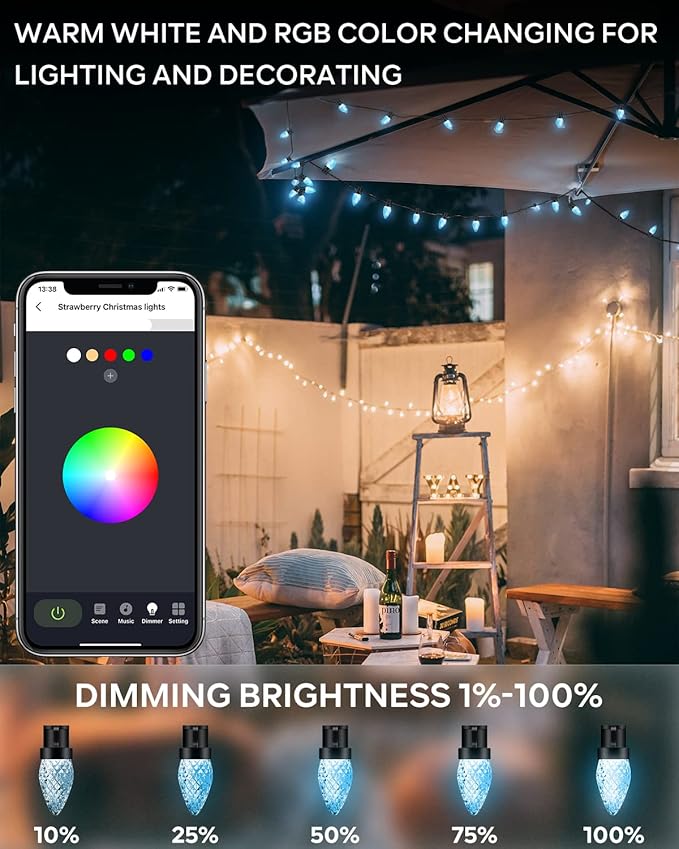 132FT 200LED Smart C9 Christmas Lights Outdoor, DIY Chasing Rainbow Lights App Remote Controlled 100+ Modes, Music Sync Xmas String Lights Waterproof Extendable for Tree House Indoor Xmas Decor