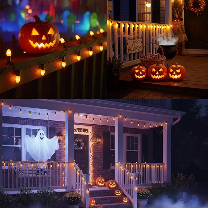 25ft Halloween LED String Lights, 25 C7 Ceramic Orange Bulbs, Energy-Efficient, Waterproof & UL Certified for Outdoor/Indoor Decoration, Spooky Halloween Party Lights with Spare Bulbs
