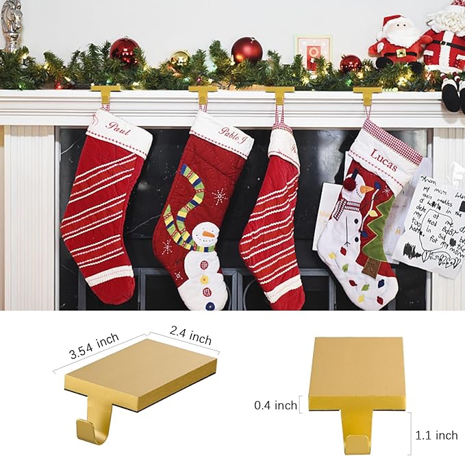 2 Pcs Christmas Stocking Holders Hanging Hooks Heavy Duty Mantel Stocking Holder Bases Weighted Metal Stocking Hangers for Shelf Fireplace Stair Xmas Party Decor (2, Gold)