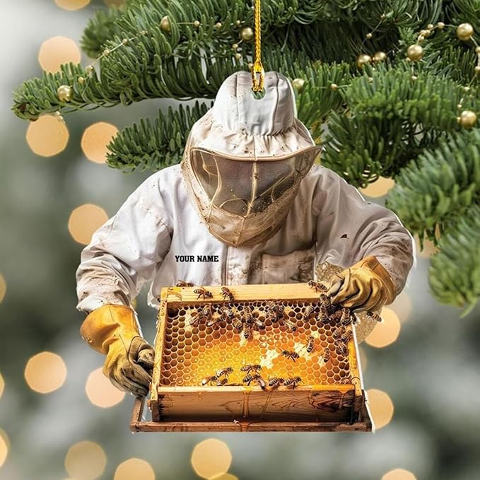 GABITA Personalized Beekeeper Ornament, Custom Name 2D Flat Beekeeping Tool Box Christmas Tree Decoration, Beehive Ornament Xmas Tree Decor, Gift for Bee Farmer