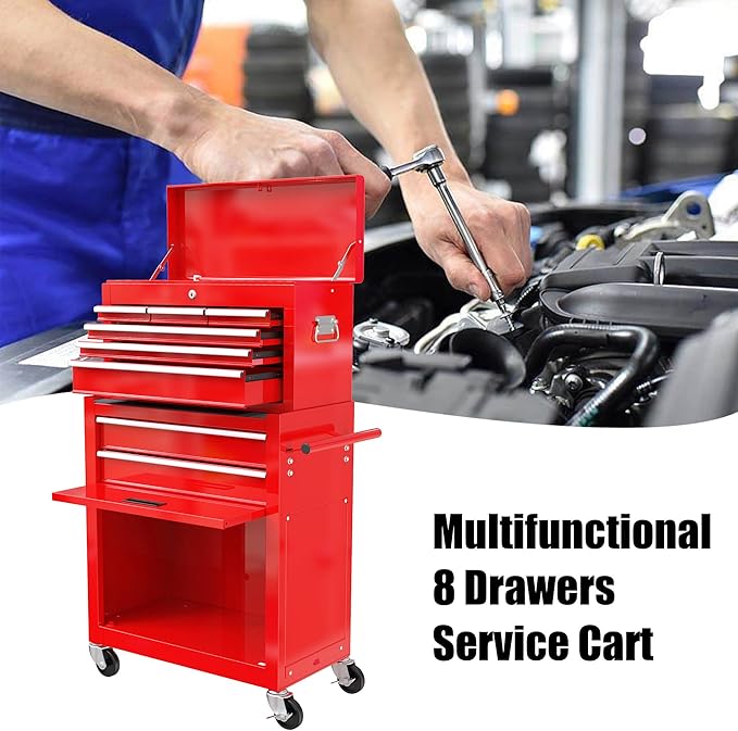 High Capacity Rolling Tool Chest with Wheels and 8 Drawers,Metal Storage Tool Cabinet W/Mobile Case,Pull Handle,4 Hooks,for Workshop Mechanics Garage,Red