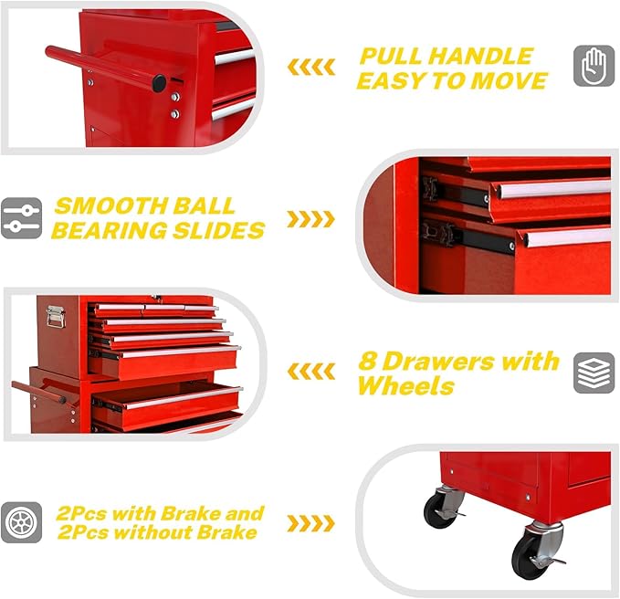 Rolling Tool Chest with Wheels, 8-Drawer Steel Tool Storage Cabinet with Lockable Top, Heavy-Duty Mobile Tool Box Organizer for Garage, Workshop & Job Site