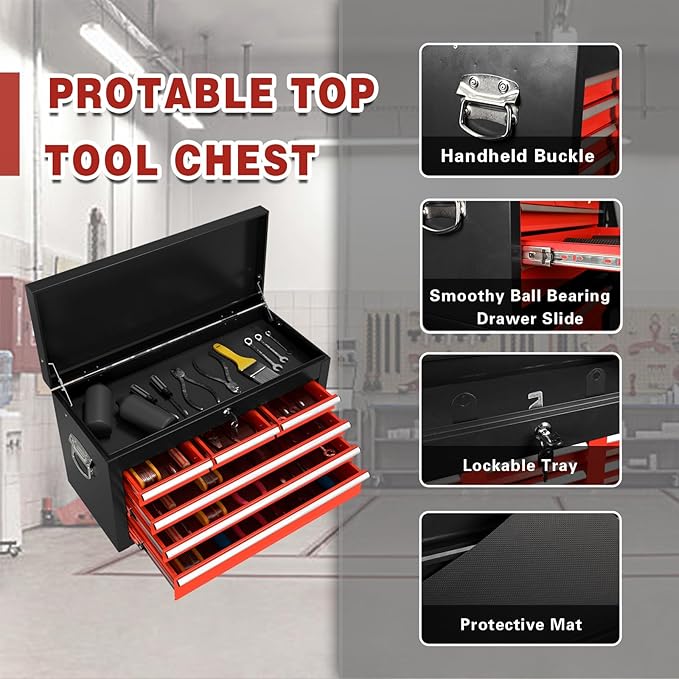 8-Drawer Rolling Tool Chest, High Capacity Removable Tool Storage Cabinet, Detachable Toolbox with Lock for Garage Warehouse and Workshop (BlackRed)