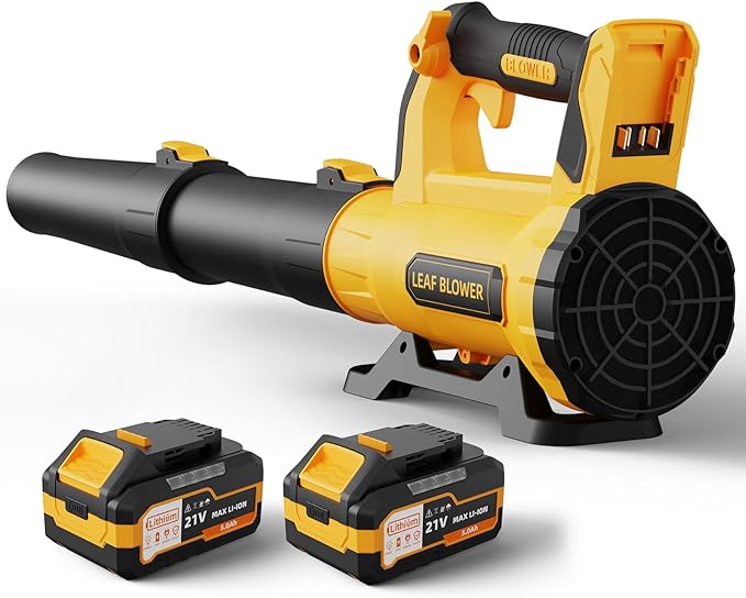 Leaf Blower Cordless with 2¡¿ 5.0Ah Batteries and Charger, 21V Electric, Lightweight Battery Powered Blowers for Lawn Care, Yard, Patio Cleaning, Blowing Leaves & Dust, Yellow