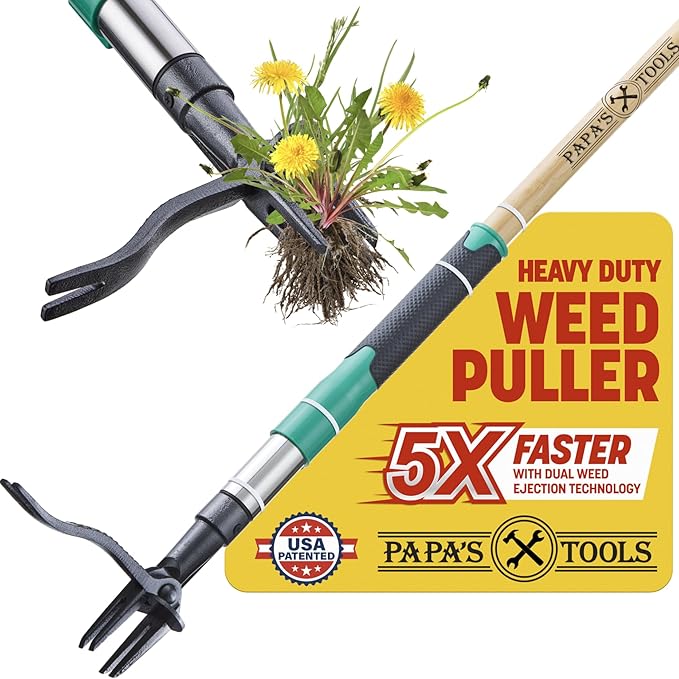 Papa's Tools Weed Puller Tool, 44 Stand Up Weeder Garden Tools & 4 Claw Steel Head, Dual Weed Eject Tech. Made with Real Bamboo & Long Wooden Handle, Yard Weeding Remover for Gardening Men & Women