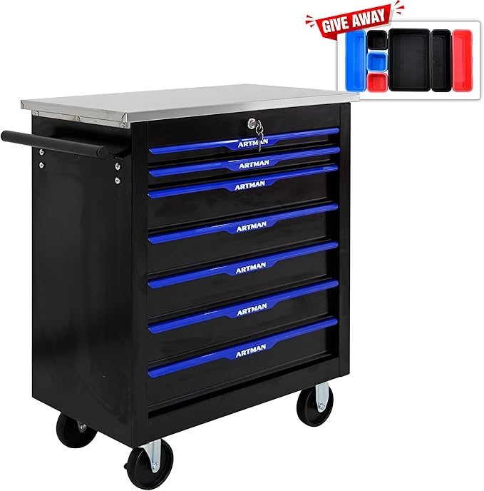 RYH 4/5/6/7 Drawers Rolling Tool Chest -Heavy Duty Mobile Metal Tool Box with Locking Wheels, with Stainless Steel Worktop, Garage Tool Storage Cabinet (Black-Blue, 7-Drawers 30.7 H¡¿25.9 W)