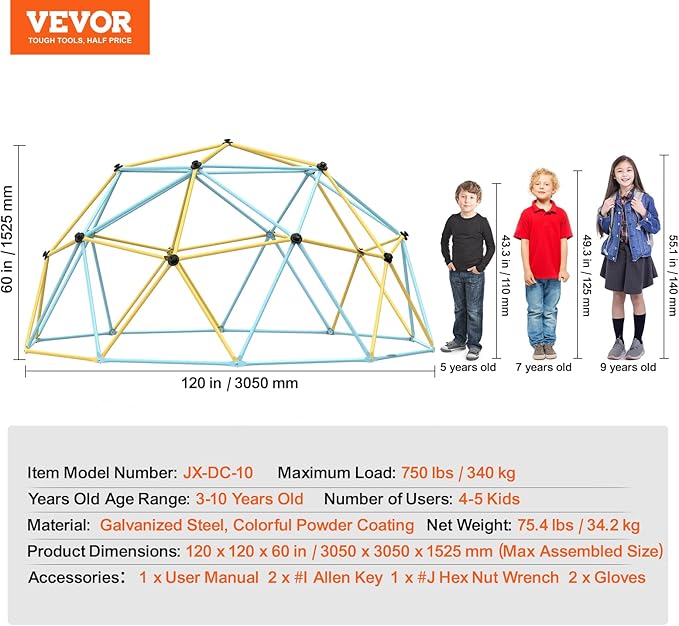 VEVOR Climbing Dome, 10FT Jungle Gym Play Center for Kids 3 to 10 Years Old, Geometric Dome Climber Supports 750LBS and Easy Assembly, with Climbing Grip, Outdoor Backyard Play Equipment for Kids