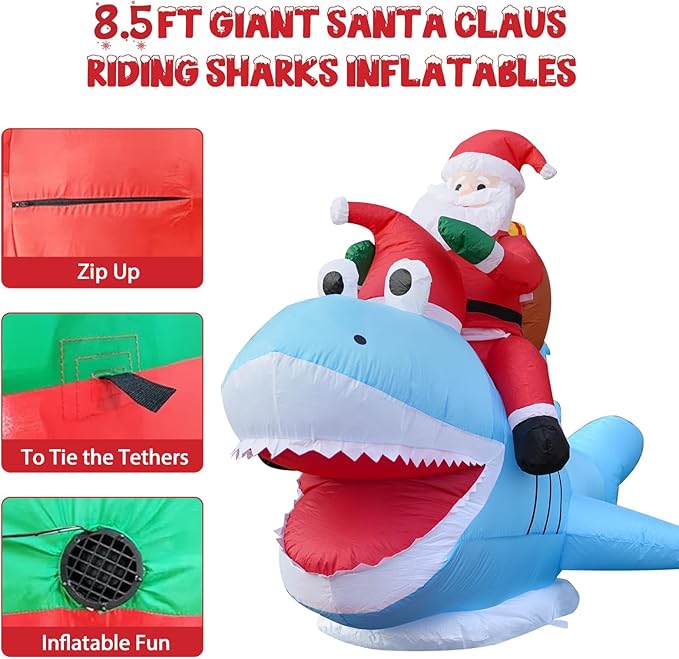 Christmas Inflatables Outdoor Decorations, 8.5 FT Funny Inflatable Santa Riding Shark, Christmas Blow Ups Yard Decor Outdoor Indoor Garden Lawn, Xmas Decor