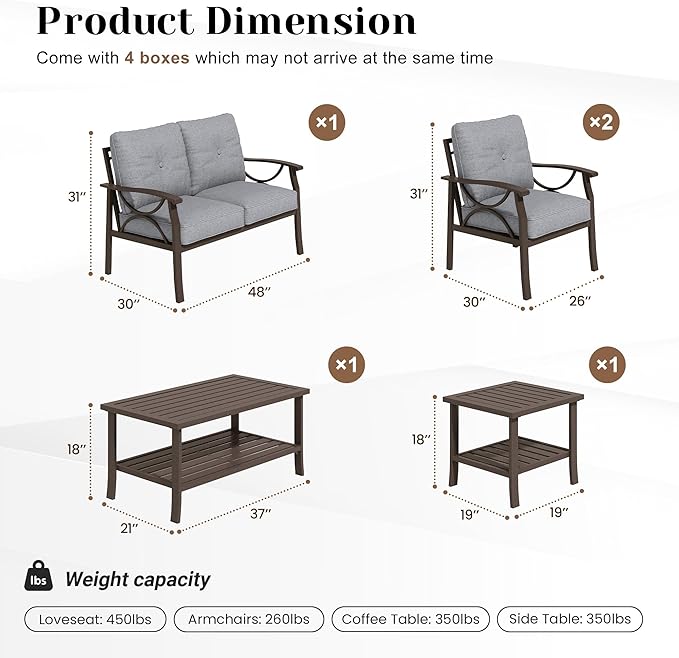 5-Piece Outdoor Patio Furniture Set, Outdoor Metal Sectional Furniture with Cushions, Outdoor Conversation Seating Set with Side Table for Backyard, Garden, Balcony, Deck, Grey