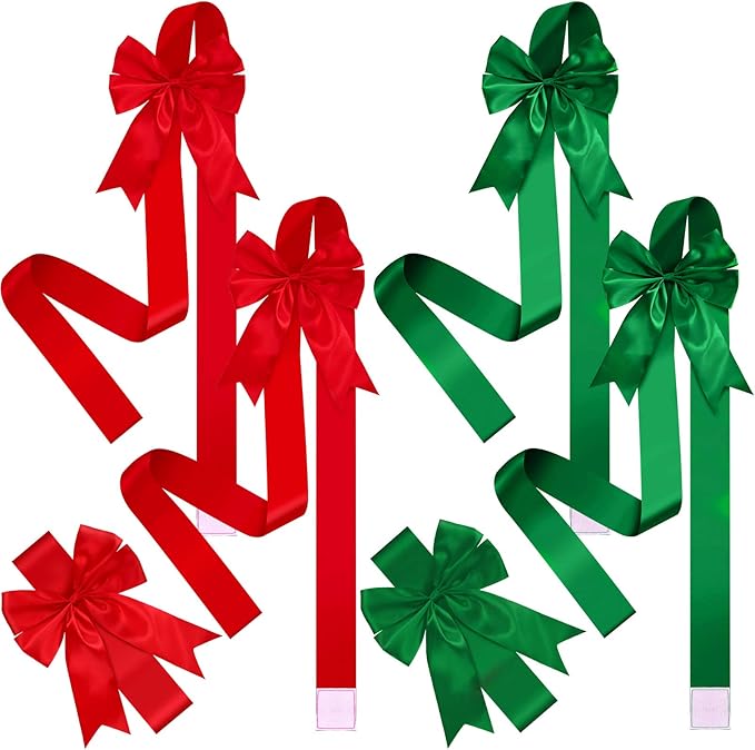 BBTO 6 Pcs Christmas Cabinet Door Red Green Festive Ribbons 8x40 Inches Large Bow Christmas Wreath Tree Bow Festival Wrapping Decorations for Home Fireplace Door Chair Holiday Party Supplies