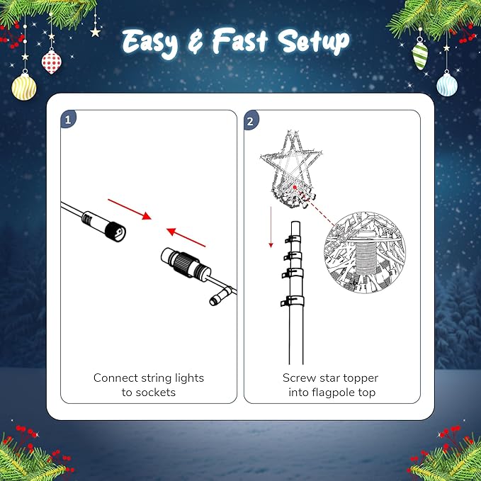Yescom Giant-Sized 20Ft Flag Pole Christmas Lights Kit with Star Top 4840 LED Warm White for Outdoor Holiday Decorations Show Shopping Mall Commercial Event Yard Lighting