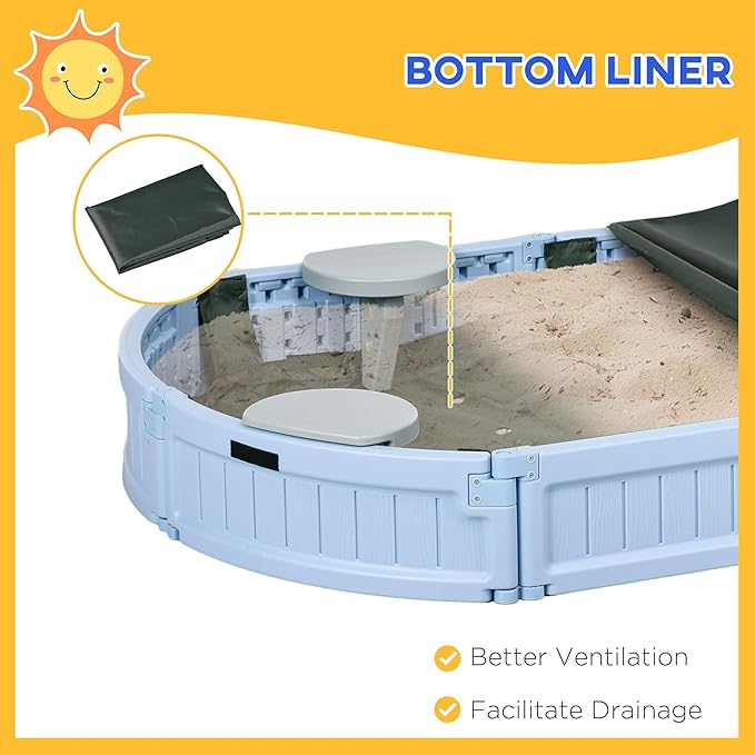 Outsunny Kids Outdoor Sandbox with Cover Garden Bed Sand Pit, Easy Assembly Children's Oval Sandbox for Backyard, Light Blue, 72 x 41.25 x 8.75