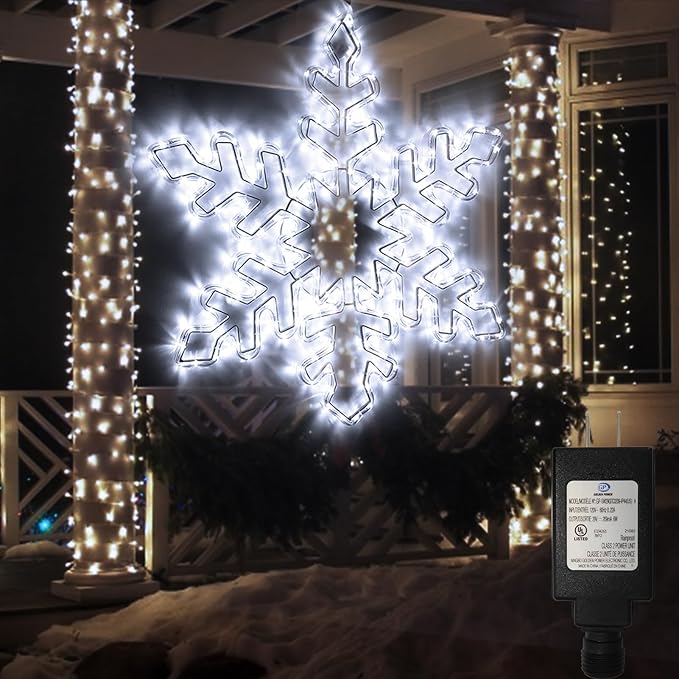 DBFAIRY 27" Christmas Big Snowflake Lights Mains Powered Window Hanging Lights Christmas Snowflakes Light,16.8Ft Long Cable Festive Decor for Porch Wall Window Decor