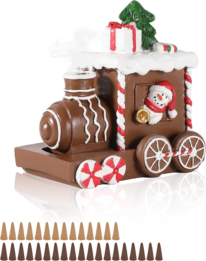 Christmas Train Resin Figurine with Smoke Chimney – Gingerbread-Style Holiday Train with Snowman, Candy Wheels, and Gift Decor – 4.2” Festive Tabletop Decoration (Train)