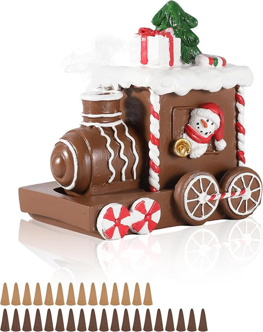 Christmas Train Resin Figurine with Smoke Chimney – Gingerbread-Style Holiday Train with Snowman, Candy Wheels, and Gift Decor – 4.2” Festive Tabletop Decoration (Train)
