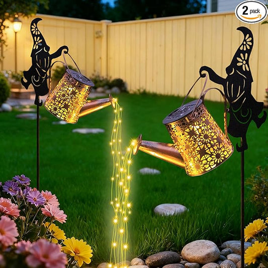 2Pack Solar Watering Can Lights,Waterproof Hollowed-Out Retro Metal Outdoor Lights with Fairy or Gnomes Accessories,Gifts for Mom Grandma Women Garden Patio Pathway Christmas Decor(Dwarf Style)