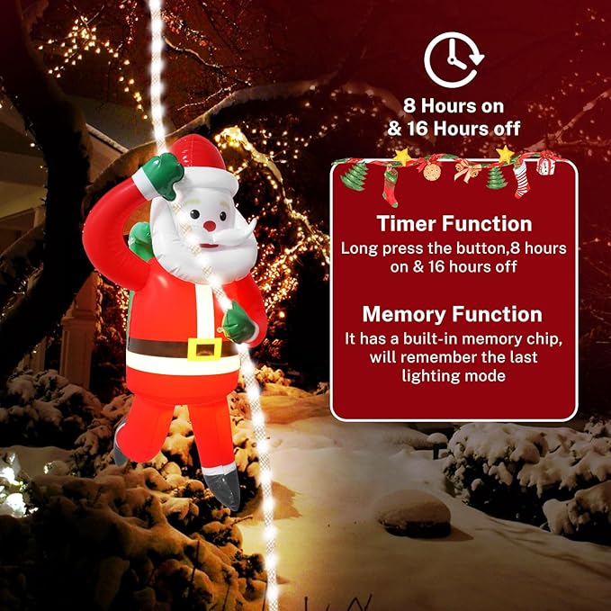 Christmas 9.8FT LED Rope Lights with 2.7FT Inflatable Climbing Santa Claus, Christmas Decorations Indoor Outdoor with Timer & Memory Plug for Holiday Yard, Porch, Window, Wall, Xmas Tree, Home Decor