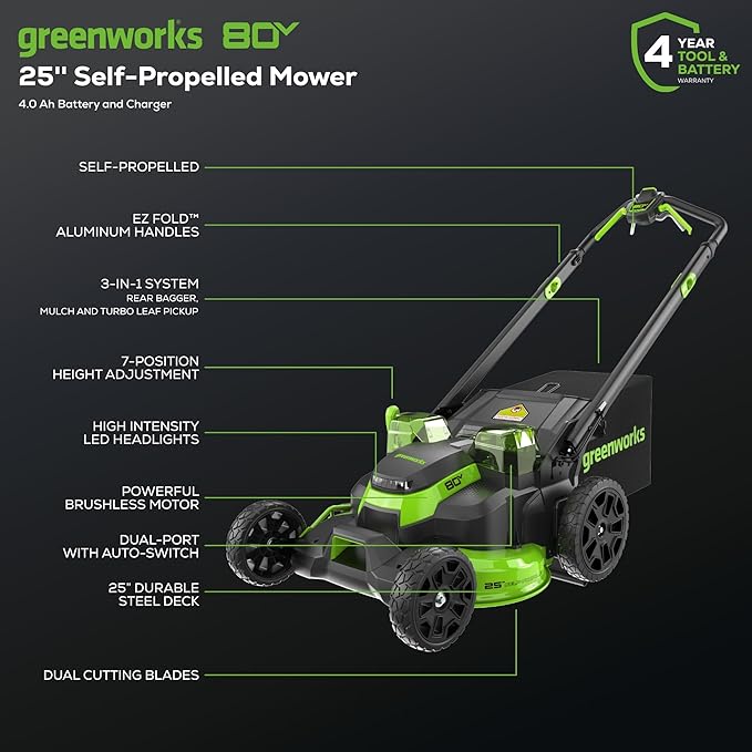 Greenworks 80V 25 Brushless Cordless (Self-Propelled) Dual Blade Lawn Mower (LED Headlight + Aluminum Handles), 4.0Ah Battery and Rapid Charger Included